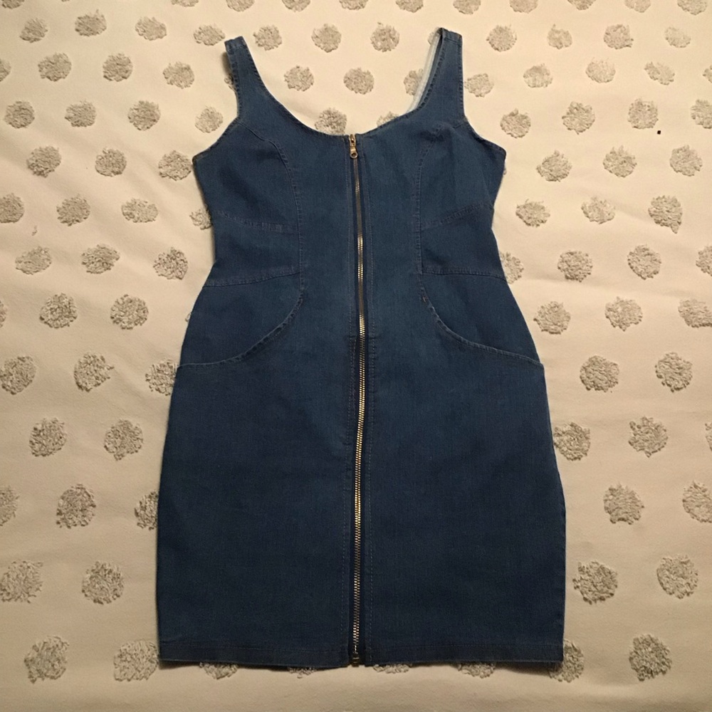 Say What? Denim Jean Zip Up Sleeveless Stretch Dress. Size Small